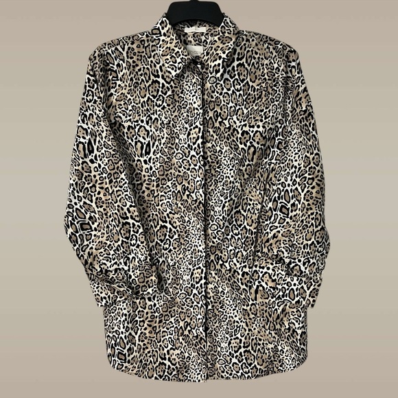 Chico's No Iron Cheetah Animal Print Shirt-Tunic Size Small Top Leopard Buttonup - Picture 1 of 8